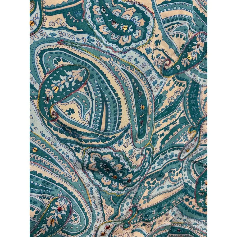 Vintage Paisley Silk Skirt Blue Teal Sequin Glam Euro Summer Cool Girl Y2K